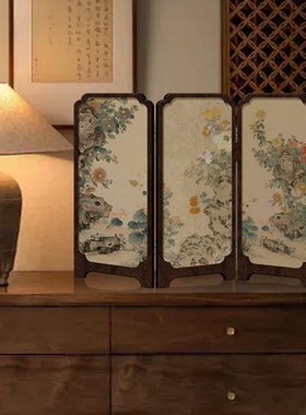 中古风墨竹小屏风桌面摆件新中式办公室茶桌玄关柜装Y饰品覆古摆