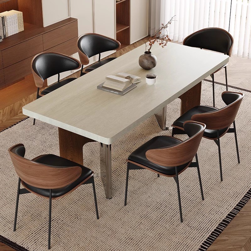 洞石岩板餐桌家用长方形中古风客厅桌子高M端实木下挂岩板餐桌椅