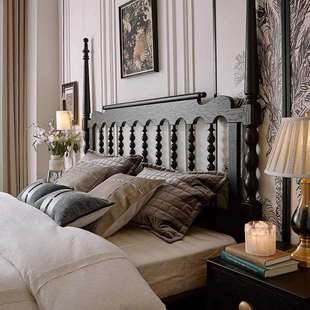 中古风法式现代简约黑色1米8实木双人床美式复古温莎床主卧室婚床