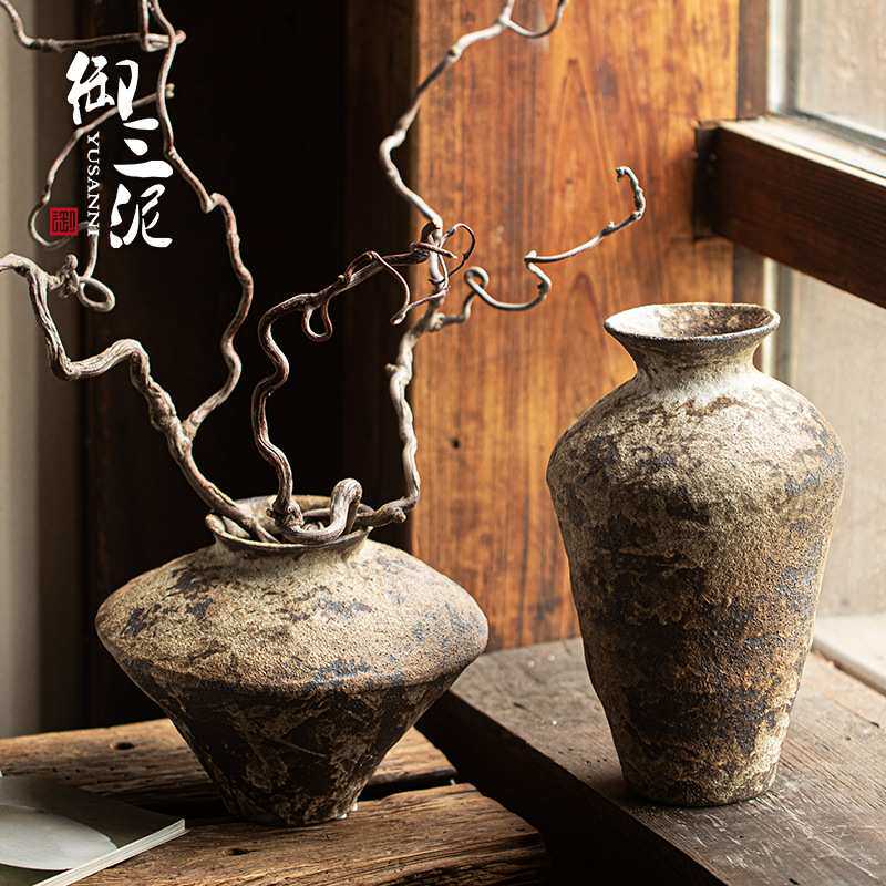 御三泥侘寂风复古粗陶花瓶高级感禅意罐摆件复古茶室民宿客厅插花