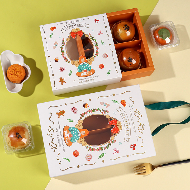 开窗6粒月饼蛋黄酥包装盒4格烫金中F秋礼盒白色小清新饼干手提盒