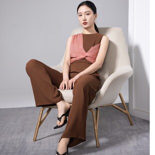 2024新款撞色气质女神范连体裤女夏雪纺J设计感连衣裤高级感阔腿