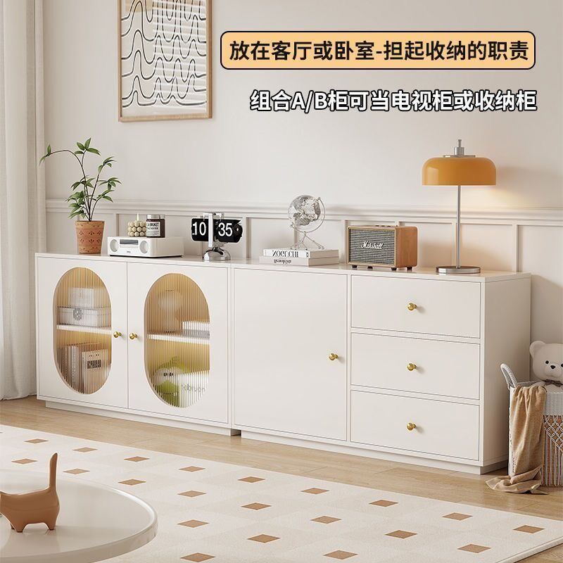 奶油风餐边柜实木生态板家用客厅茶水柜厨房碗柜现代简约收纳柜子