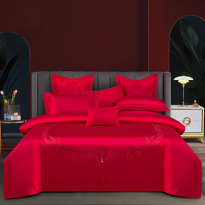 婚庆牀组被套四件套大红色全绣花简约婚房牀单结新婚被罩4件