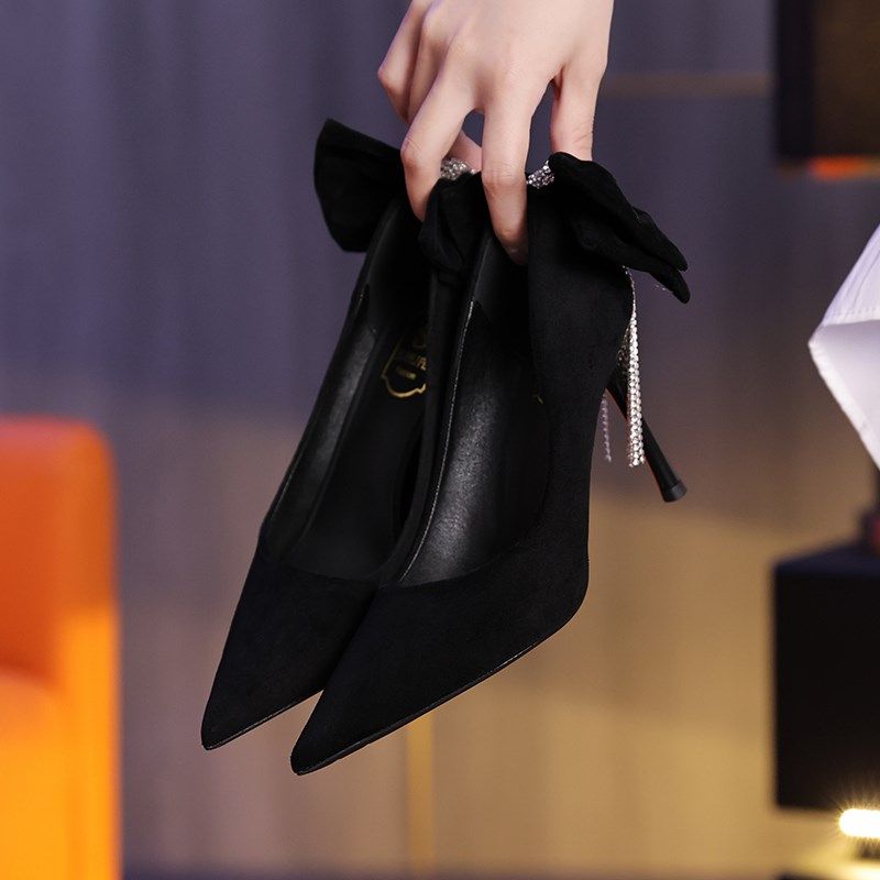 时尚黑色高跟鞋女职业细跟2025春季新款气质尖头浅口水钻中跟单鞋,女鞋,浅口单鞋,淘宝优惠券,粉丝福利购,淘宝优惠卷