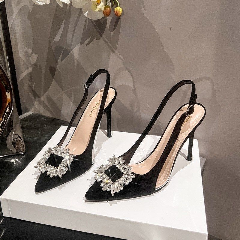 2024年新款凉鞋包头后空细跟尖头浅口韩版时尚绒面方扣水钻高跟鞋,女鞋,一字带凉鞋,淘宝优惠券,粉丝福利购,淘宝优惠卷