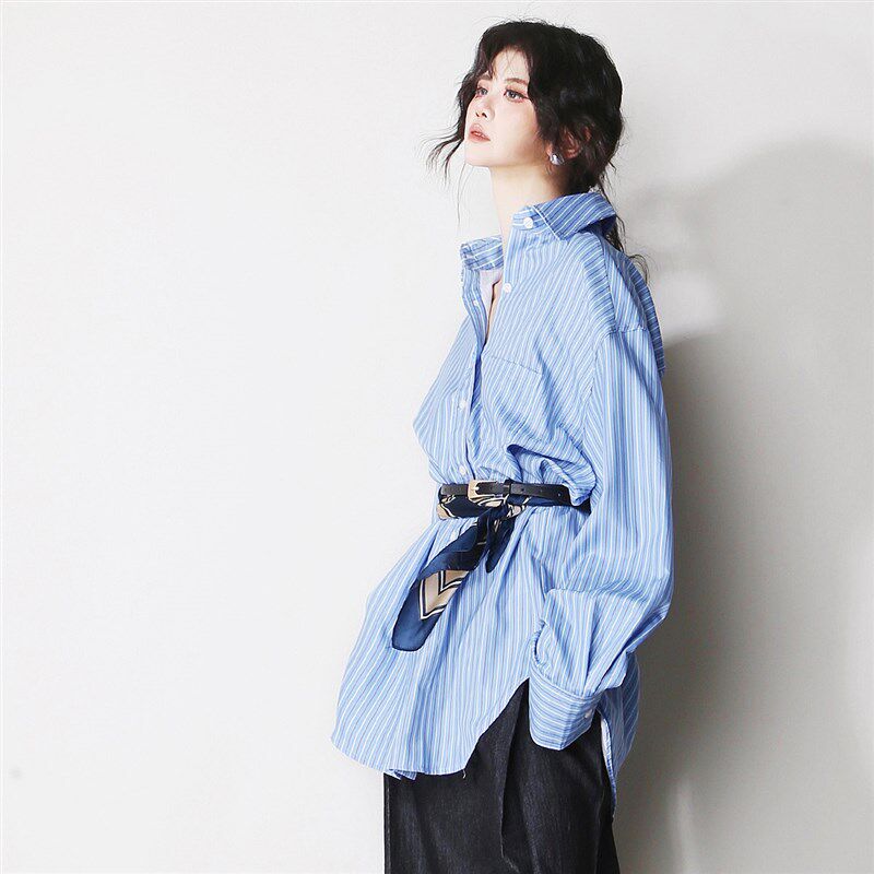 A76显摆清爽蓝色竖条纹加长z款慵懒显瘦欧美风防晒长袖男友衬衫