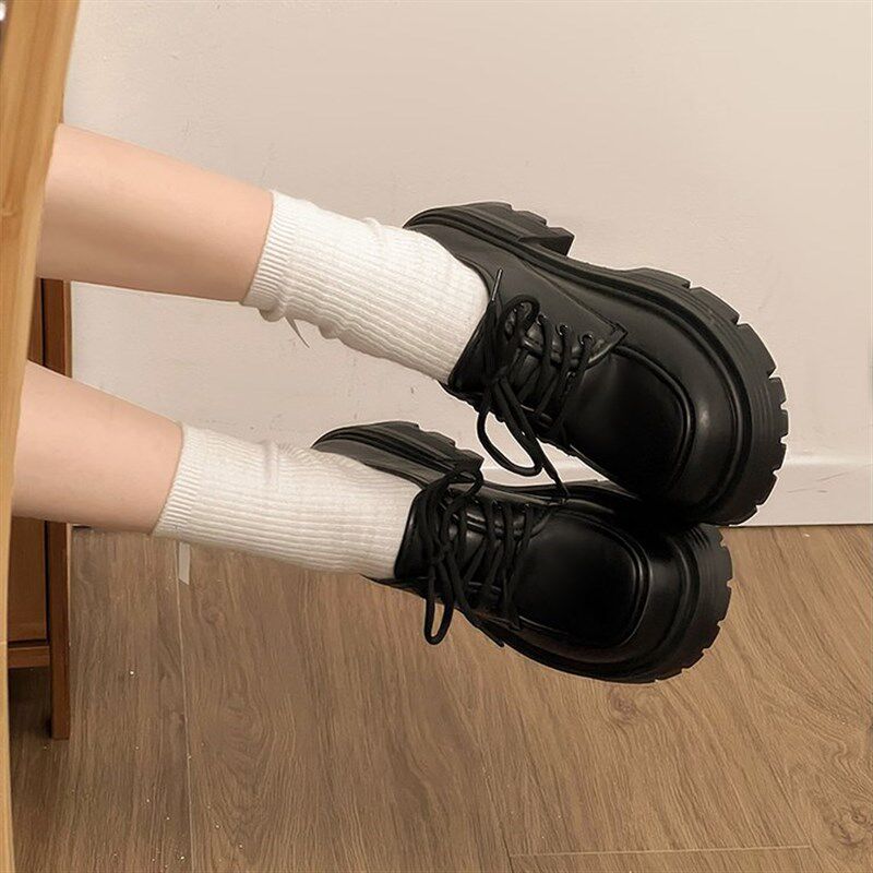 黑色乐福鞋女小个子厚底增高v松糕小皮鞋棕色系带单鞋英伦风jk鞋