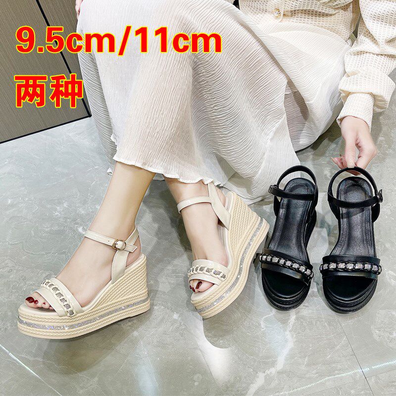 凉鞋女小个子显高夏季坡跟增高新娘婚鞋高级N感一字带高跟鞋不累