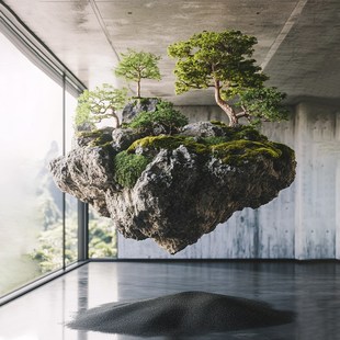 现代中式茶室办公室会所玄关垂吊吊垂盆景假山石仿真悬浮岛景观