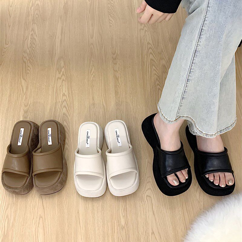 小个子增高厚底凉拖鞋女鞋外穿A夏季松糕底凉鞋百搭黑色一字拖鞋