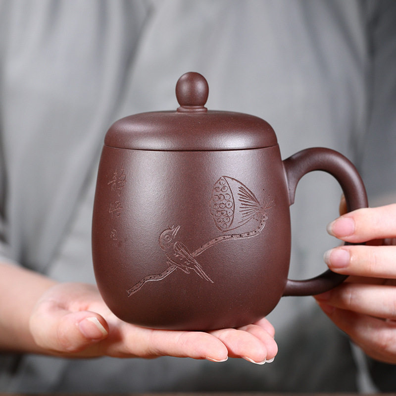 紫砂杯水杯大容量茶杯男士带盖杯女士款家用办公室陶瓷杯子马克杯