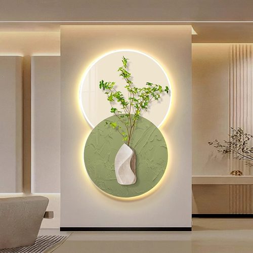 壁灯绿植b奶油风走廊玄关装饰画LED氛围灯入户正对门挂画客厅灯画