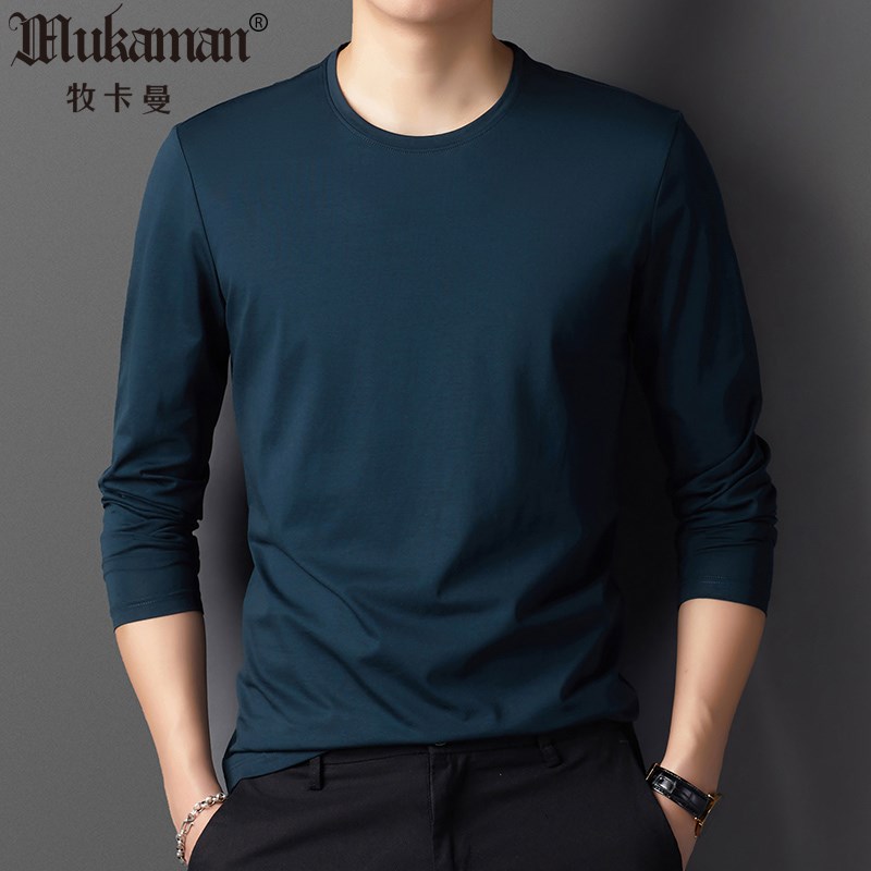 长袖T恤男春秋季打底棉质体桖衫纯色净版无领t桖纯黑全白园领丅裇