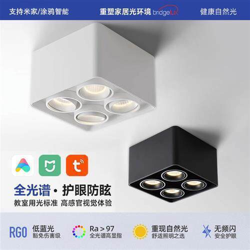2023新款明装led射灯可调角度吸顶式家用免开孔四头正方形客厅斗