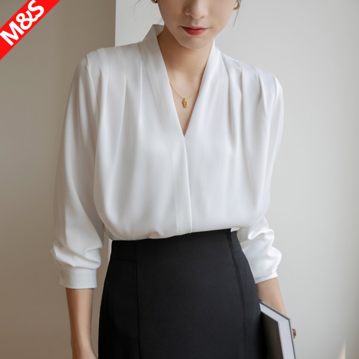 商务正装vd领衬衫女白色缎面夏面试通勤衬衣春秋设计感小众职业装