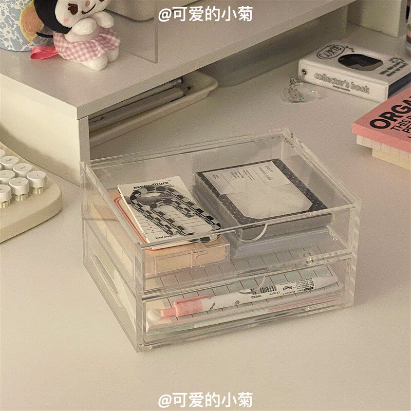 亚克力透明双g层抽屉式收纳盒桌面文具小物件整理盒化妆品口红收