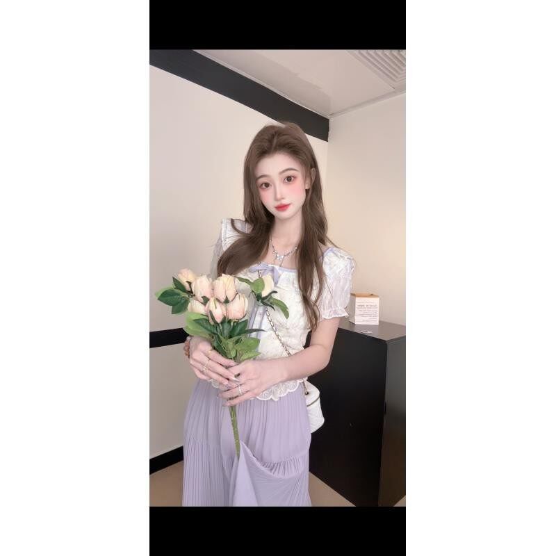 夏日绝美俏皮小个子减o龄洋气杏色泡泡袖衬衫两件套裙装女2025新