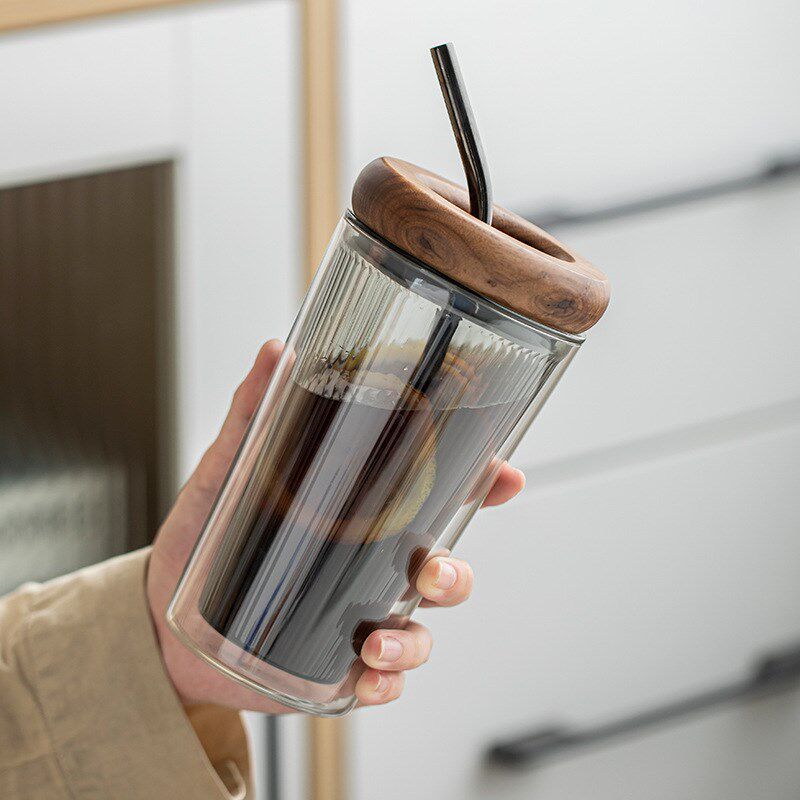 高颜值玻璃吸管杯大容量男女生办公室双层水杯耐高温带盖咖啡杯子