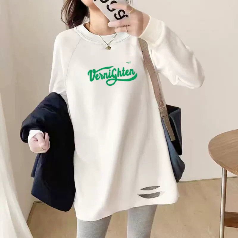 欧货白色t恤女长袖2025春秋季新款内搭遮屁股磨毛纯棉长款打底衫