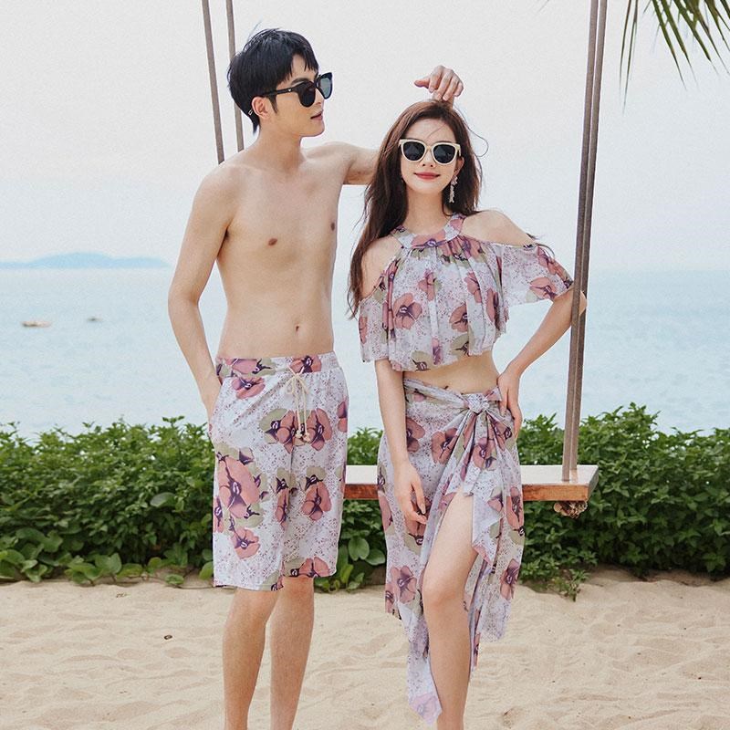 情侣泳衣温泉三件套沙滩度假海边情侣款套装游泳衣女裙式保守大码