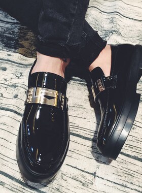 夏天黑色透气小皮鞋男鞋子韩版潮流漆皮一脚蹬大头休闲懒人马丁鞋