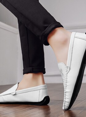 白色个性虎纹豆豆皮鞋男百搭懒人无鞋带男鞋子韩版潮流鞋发型师潮