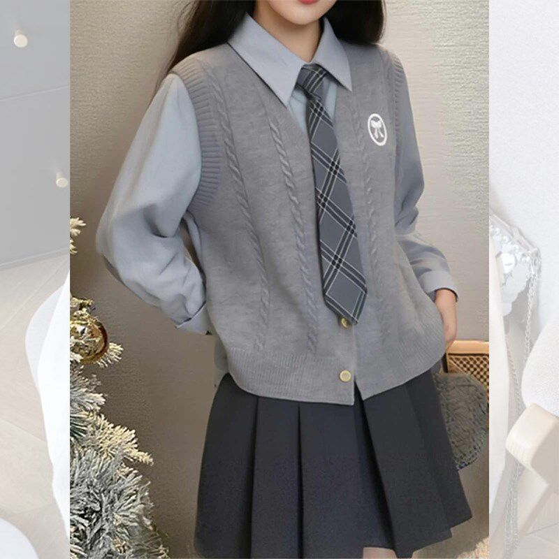 学院风JK制服i套装女春季叠穿毛衣马甲开衫加长袖衬衫时尚两件套