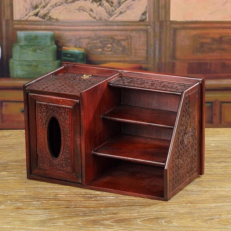 家用桌面多功能收纳盒红木心想事成茶几整理中式带抽屉纸巾盒实木