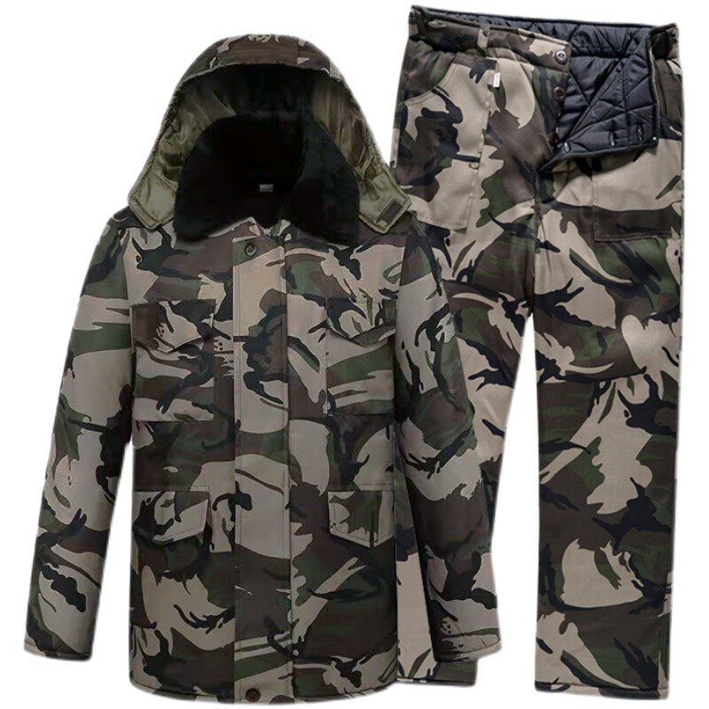 冷库专用防寒工作服套装迷彩劳保棉衣棉裤男冬加绒加厚棉服中长款