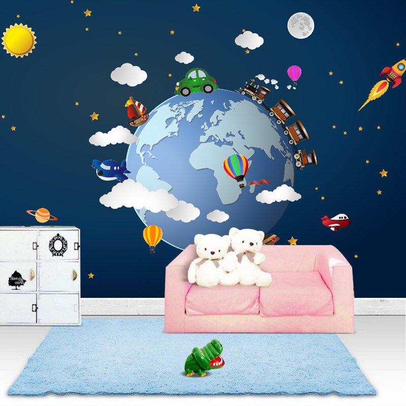 儿童房壁纸星空h飞船卧室男孩墙纸立体卡通幼儿园宇宙太空环保墙