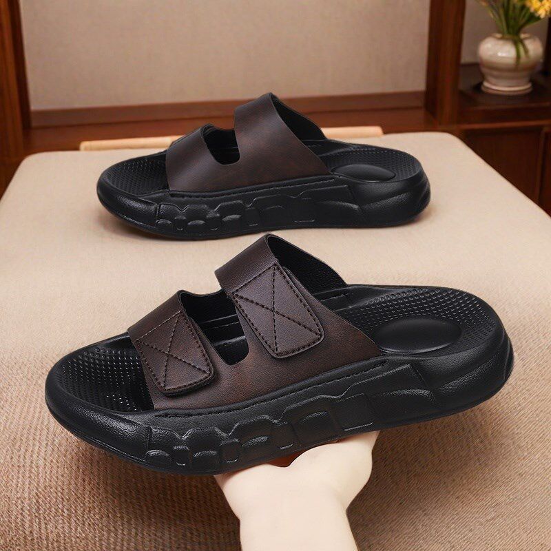 拖鞋男款2025高档皮面男士一字拖夏季M外穿踩屎感厚底凉拖鞋男