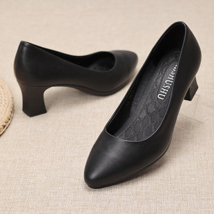 四季浅口单鞋e尖头黑色高跟鞋中跟女鞋粗跟职业装全黑ol空乘工作