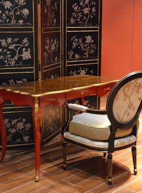 亿联书桌 手绘实木桦木欧式新古典 1.2米黑色红色树瘤木皮写字台