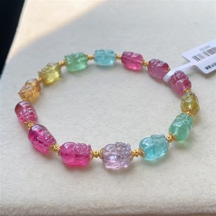 原石碧玺 嫣玺珠宝 天然原石回纹貔貅莲花方糖龙柱碧玺手串手链