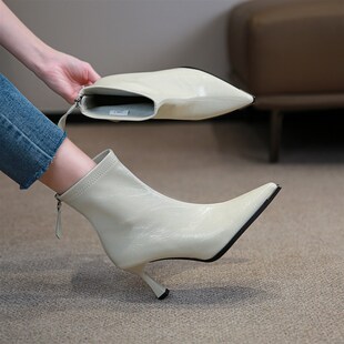 2024米白色高跟鞋n短靴女细跟秋冬软皮尖头瘦瘦靴后拉链时装女靴