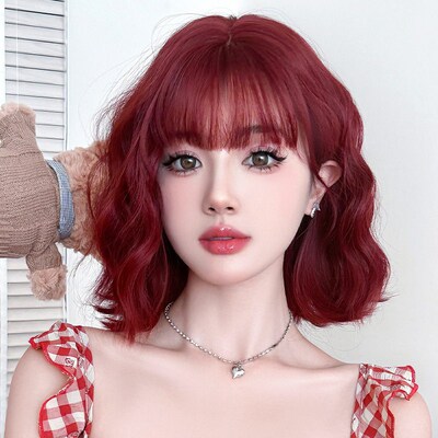 波尔多红色假发女浪漫蛋卷短发假发全头F套自然蓬松显白短卷发wig