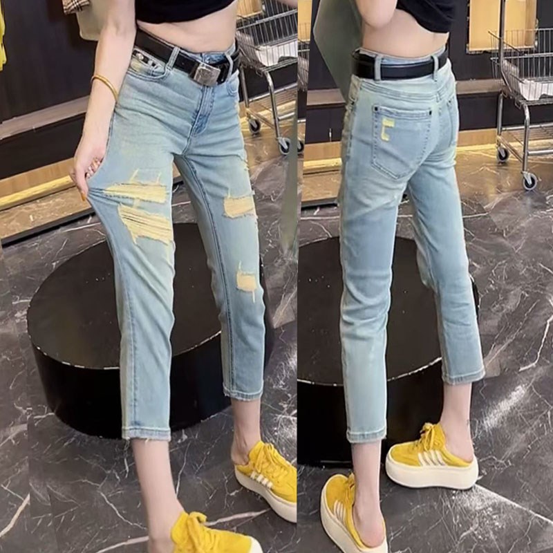 2025夏季薄款高腰弹力九分破洞牛仔裤女大码胖mm修身显瘦烟管裤子