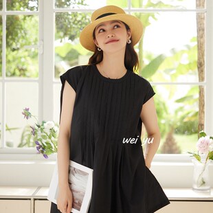 圆领无袖 通勤T恤女2025夏新款 高级感压褶宽松上衣女 女装 薇语大码
