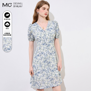 超好看A字裙小个子收腰v领雪纺连衣裙女短款 碎花法式 新款 2025夏季