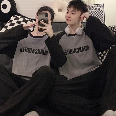 德绒灰色b字母情侣睡衣女款秋冬季圆领套头长袖长裤男士家居服套