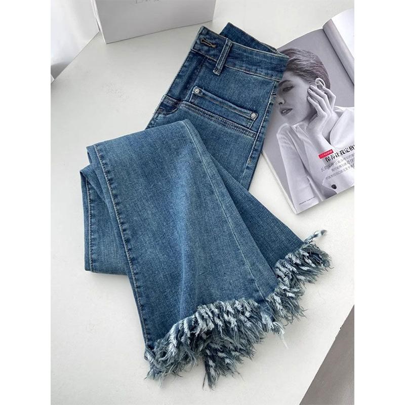 特大码美式高街辣妹牛仔裤女新款胖mm流苏毛边弹力显瘦喇叭长裤子