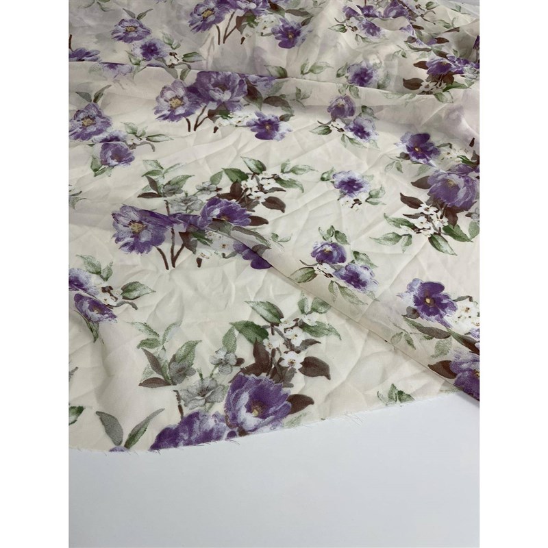 E409米黄色底紫色印花印花雪纺布头 优雅气质柔软透气连衣裙面料