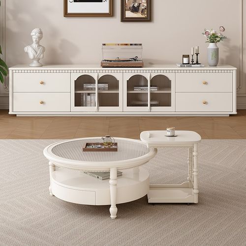 奶油风电视柜茶几组合客厅家用2025新款实木法式电视机柜储物柜新