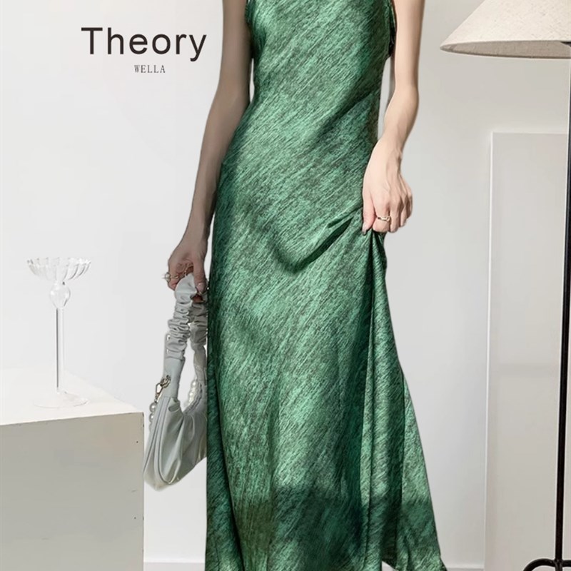 高端定制  新款夏新款印花吊带连衣裙女圆领过膝气质长裙显瘦高腰