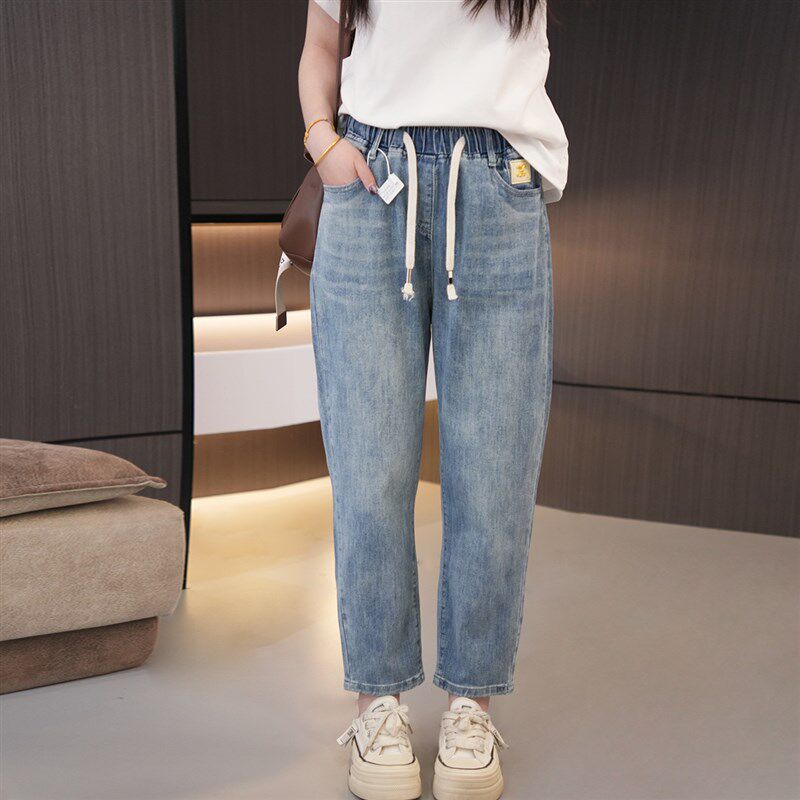 加肥加大版松紧腰抽绳牛仔裤春季胖妹妹高腰百搭显瘦大码哈伦女裤