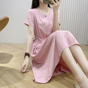 新款 竹节棉棉绸连衣裙女小个子纯色收腰裙子人造棉妈妈中长裙 夏季