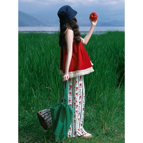 女童夏装套装夏季儿童度假风吊带花边上衣印花阔腿裤夏日甜妹穿搭