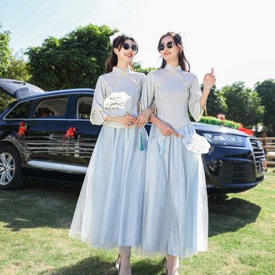 伴娘服中式姐妹团礼服2024新款女大码胖MM长袖显瘦小众旗袍伴娘裙