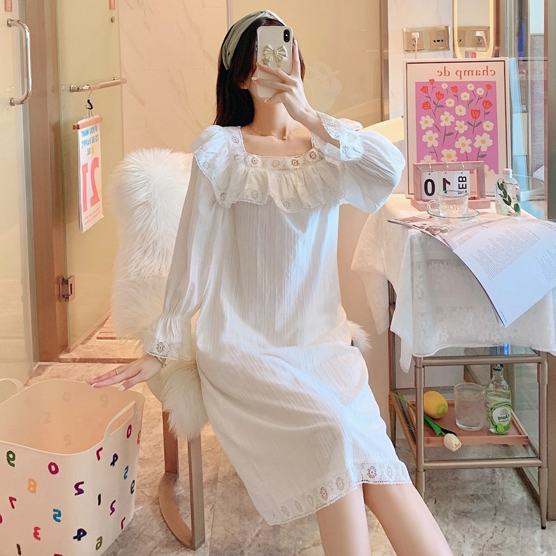 甜美方领睡裙女春秋款纯棉纱x布长袖睡衣家居服荷叶边公主宫廷长